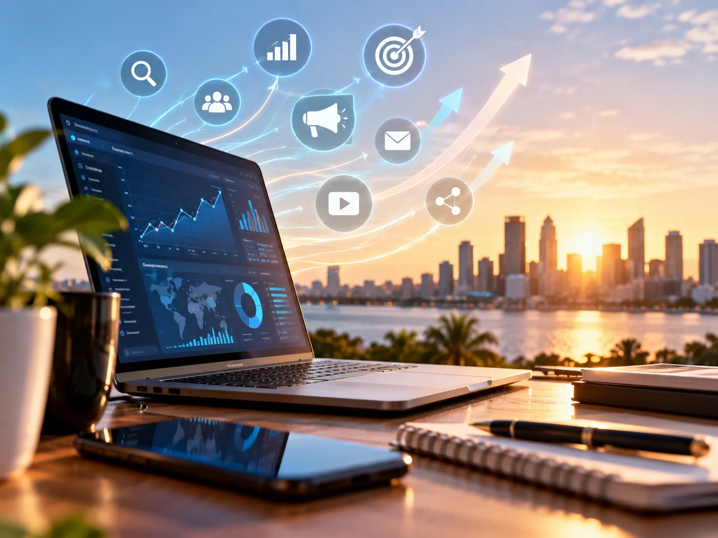 Planning your 2027 marketing - laptop with analytics dashboard and marketing channel icons over the Perth skyline at sunset