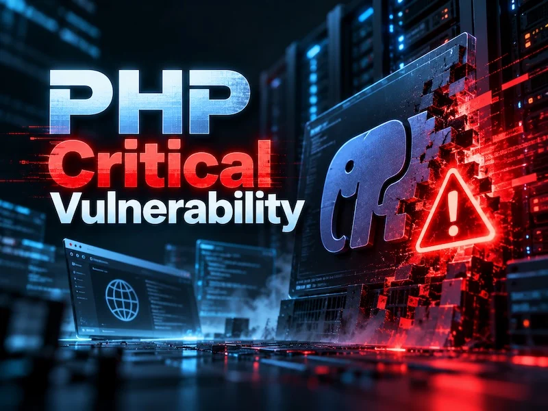 PHP critical vulnerability alert: the PHP elephant logo breaking apart beside a red warning symbol in a server room